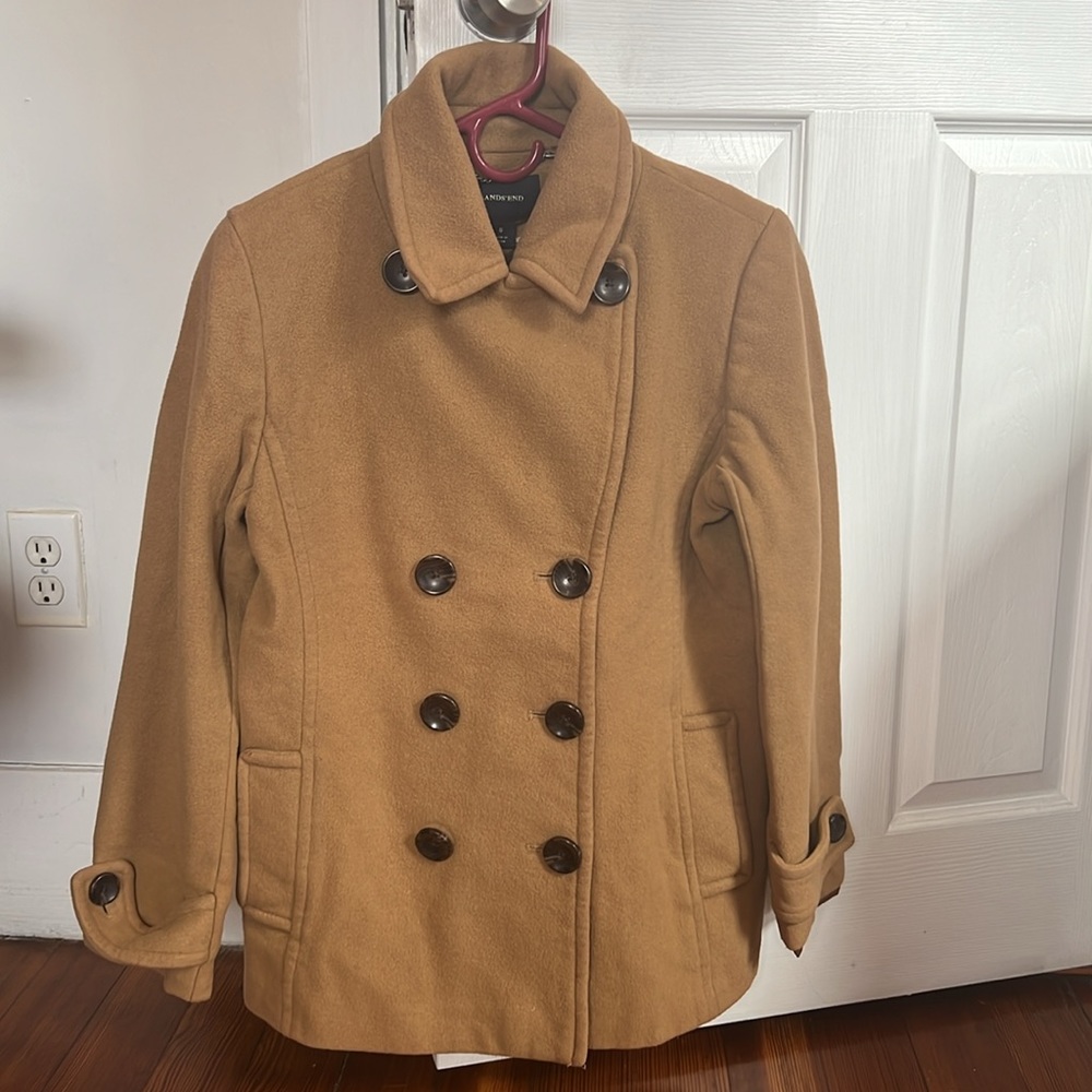 Lands End Women Winter Jacket Peacoat  Beige Size 8 Wool Blend Lining Polyester